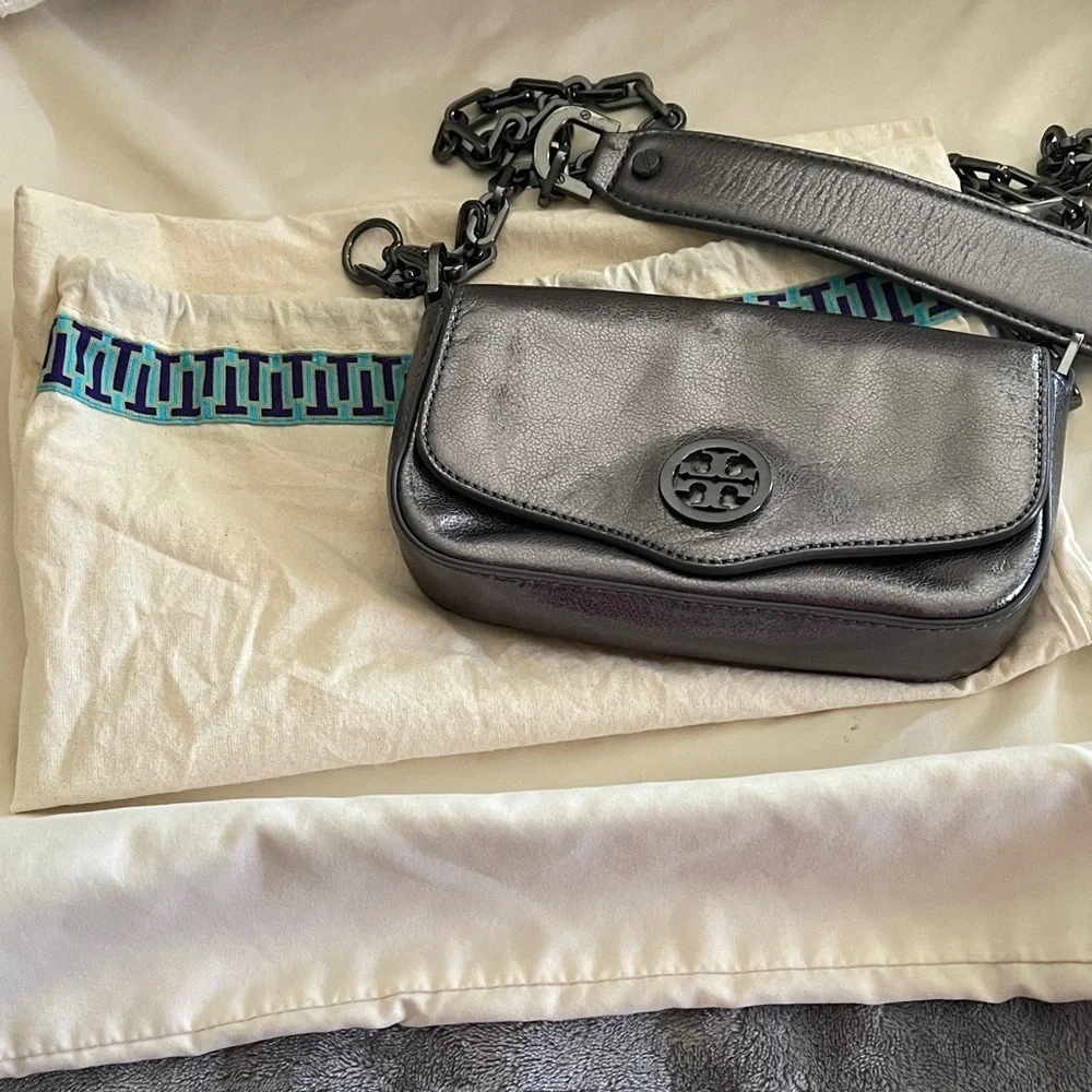 Tory Burch Gunmetal Chain on Metallic Black Crossbody Bag with Dust Bag